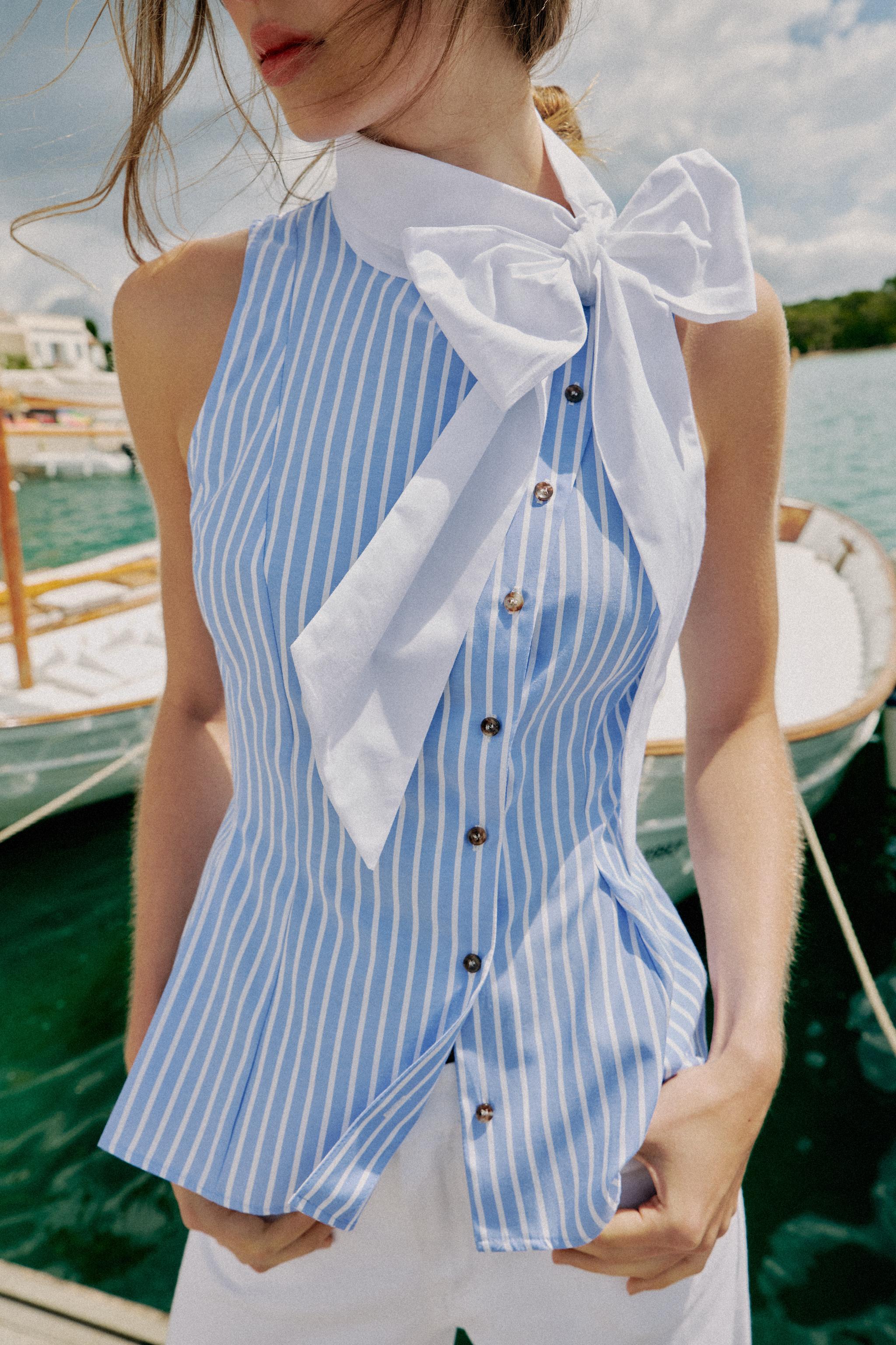CHEMISE SANS MANCHES À RAYURES ET NŒUD - elenova